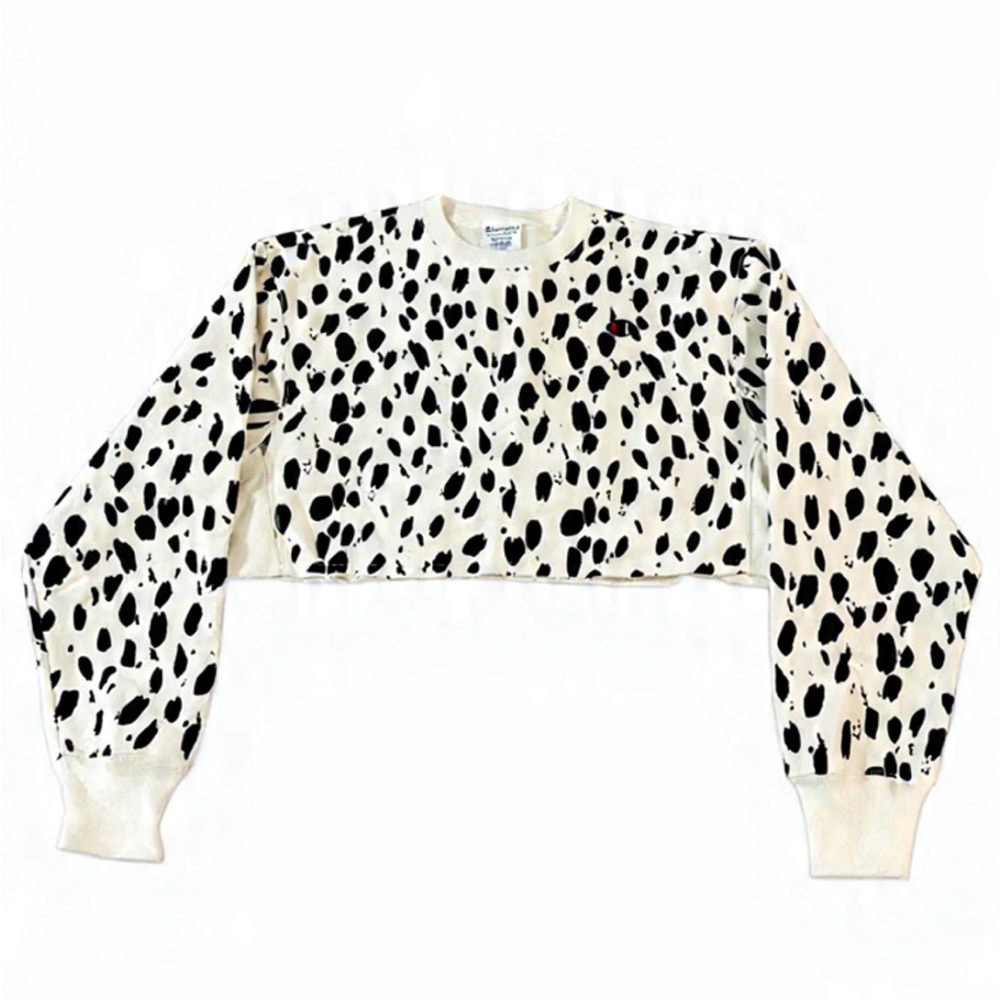 NWOT Champion Cow Print Cropped Raw Edge Crewneck Sweater Sz M - Picture 4 of 6